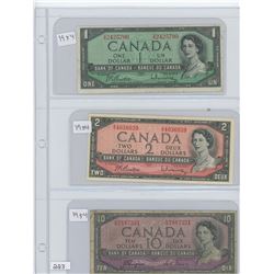 1954 CANADIAN $1.00, 1954 CANADIAN $2.00, 1954 CANADIAN $10.00 BILLS
