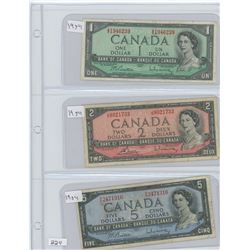 1954 CANADIAN $1.00,$2.00 & $5.00 BILLS