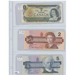 1973UNC $1.00 CANADIAN BILL, 1986UNC $2.00 CANADIA BILL, 1986UNC $5.00 CANADIAN BILL