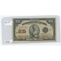 1923 DOMINION OF CANADA 25 CENT BILL