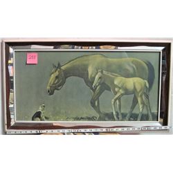 28" X 14" Partial mirror frame picture horse/foal/dog