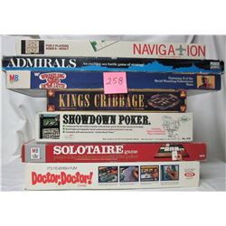 Lot of 7 boardgames (1971 Showdown Poker, 1972 Admirals, 1973 Solitaire, 1978 Doctor-Doctor, 1985 WW
