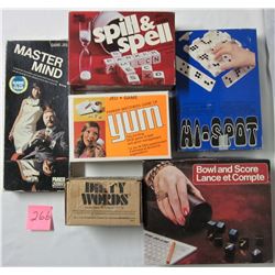 6 vintage board games - 1969 Hi-spot, 1972 Mastermind, 1974 bowl & score, 1975 spill & spell, 1977 D