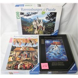 3 Ravensburger puzzles- 1500 piece Neuschwanstein castle of King Louis II (2000), 1000 piece Birth o