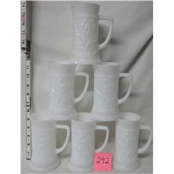 set 6 white embossed milk glass 3d steins
