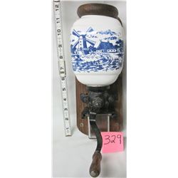 12" blue Delph porcelain coffee bean grinder wall mount hand cranked