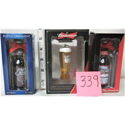 3 Budweiser/Bud Light boxed Christmas ornaments (new)