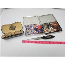 LOT OF ASSORTED HARLEY DAVIDSON ITEMS (2 SETS PLAYING CARDS, LETTER OPENER, CASE WITH GLASSES)