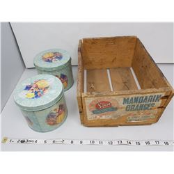 Wooden box and 2 vintage tins