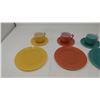 Image 2 : CHILDS ANCHOR HOCKING CUPS, SAUCERS AND PLATES SET - GREY, ORANGE YELLOW & TEAL