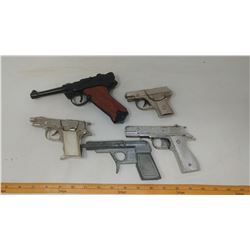 METAL CAP GUNS - LUGER 9 MM AUTOMATIC, SPUD GUN, HUBLEY HAWK, DICK & 1 UNKNOWN