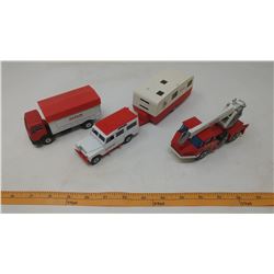SOLIDO AMAR CIRCUS METAL TOYS - LAND ROVER WITH TRAILER, MERCEDES 1217K/32 DUMP TRUCK, ROUTIERE CRAN