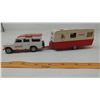 Image 4 : SOLIDO AMAR CIRCUS METAL TOYS - LAND ROVER WITH TRAILER, MERCEDES 1217K/32 DUMP TRUCK, ROUTIERE CRAN