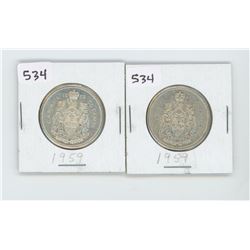 (2) 1959AU-50- CANADIAN SILVER 50 CENT