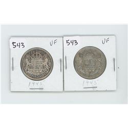 (2) 1945VF- CANADIAN SILVER 50 CENT