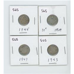 1929,1943,1945,1949- CANADIAN SILVER 10 CENT