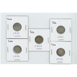 1950,1952,1953,1955,1956- CANADIAN SILVER 10 CENT