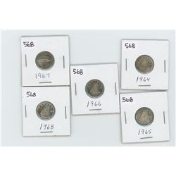 1964,1965,1966,1967,1968- CANADIAN SILVER 10 CENT