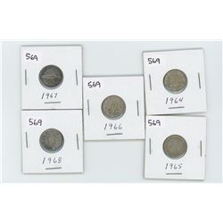 1964,1965,1966,1967,1968- CANADIAN SILVER 10 CENT