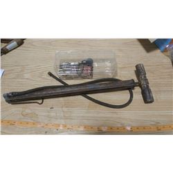 VINTAGE BIKE LOCK & KEYS, PANT LEG CLIP, PUMP, BIKE WRENCH AND LICENSE PLATE