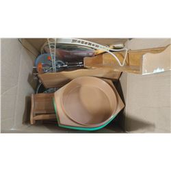 BOX OF ASSORTED ITEMS - SPICE RACKS, BOWLS, BEATERS, TUPPERWARE BOWL, ETC.