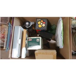 BOX OF ASSORTED ITEMS - PROPANE LANTERN, PICTURE, STEREO CASSETTE ADAPTER, ETC.
