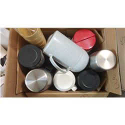 BOX OF ASSORTED ITEMS - THERMOSES, CUPS, ETC.