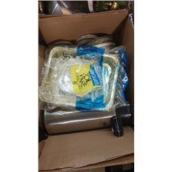 BOX OF ASSORTED ITEMS - SILVERWARE, FOIL TRAYS, ETC.