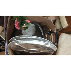 BOX OF ASSORTED ITEMS - WOKS, GEORGE FORMAN GRILL, ETC.