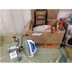 MEAT GRINDER, #10 NOS, ELECTRIC IRON, GROCERY BAG WHEELER, ETC.