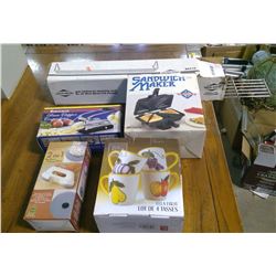 LOT OF ASSORTED ITEMS - FRUIT CUPS, SANDWICH MAKER, POTATO CHIPPER, ETC.