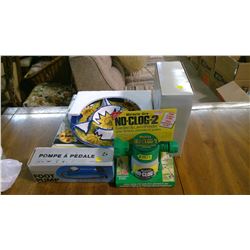 LOT OF ASSORTED ITEMS - LAWN FEEDER, TRAY, FOOT PUMP, ETC.