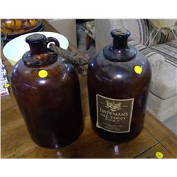 TWO WHISKEY JUGS WITH CORKS (LINDEMAN'S OLD TAWNY PORT)