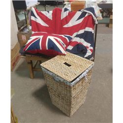LAUNDRY BASKET, UNION JACK PILLOW AND BLANKET