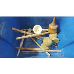 LOT OF WOODEN CHAIR DOWELS AND HAND RAIL TOPPERS, ETC.