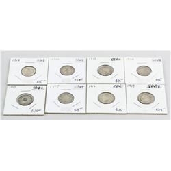 8 Assorted 1910-20 Canadian Silver Dime Coins