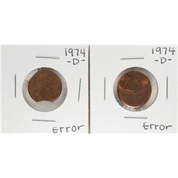Lot of (2) 1974-D Lincoln Cent with Off Center Strike & Clipped Planchette Error Coins