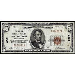 1929 $5 Mellon NB of Pittsburgh, Pennsylvania CH# 6301 National Currency Note