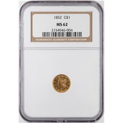1852 $1 Liberty Head Gold Dollar Coin NGC MS62