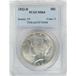 1922-D $1 Peace Silver Dollar Coin PCGS MS64