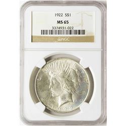 1922 $1 Peace Silver Dollar Coin NGC MS65