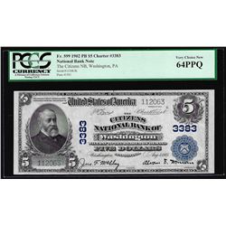 1902PB $5 Citizens NB of Washington, PA CH# 3383 National Currency Note PCGS CU64PPQ