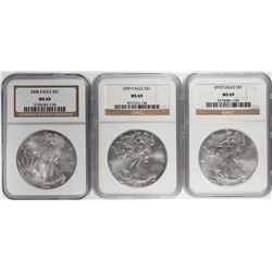 Lot of 2008-2010 $1 American Silver Eagle Coins NGC MS69
