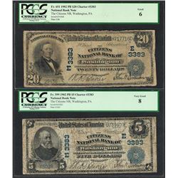 Lot of 1902PB $5/20 Washington, PA CH# 3383 National Currency Notes PCGS G6/VG8