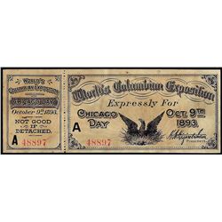 October 9, 1893 World's Columbian Exposition Ticket Chicago Day