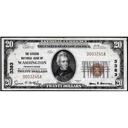 1929 $20 Citizens NB of Washington, Pennsylvania CH# 3383 National Currency Note