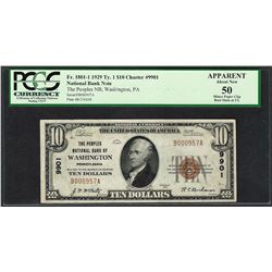 1929 $10 NB Washington, PA CH# 9901 National Currency Note PCGS About New 50 Apparent