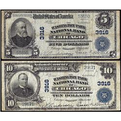 Set of 1902 PB $5/10 Washington Park NB Chicago, IL CH# 3916 National Currency Notes