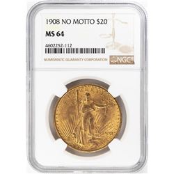 1908 No Motto $20 St. Gaudens Double Eagle Gold Coin NGC MS64