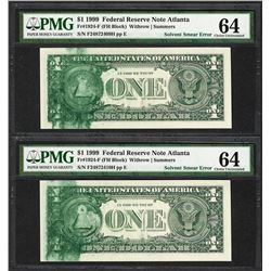 (2) Consec. 1999 $1 Federal Reserve Notes Solvent Smear ERROR PMG Ch. Uncirculated 64